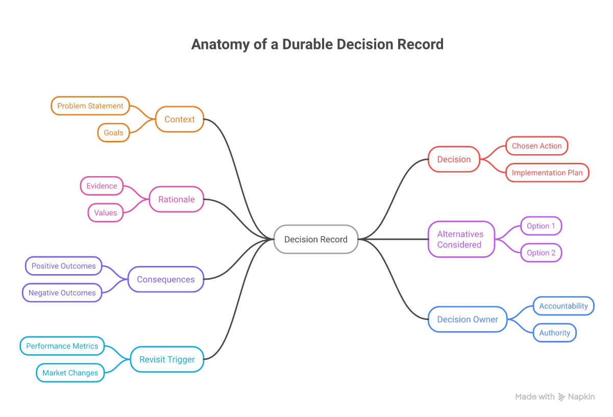 The context, alternatives, consequences, and review trigger around a decision record